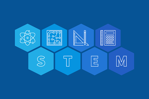 STEM concept banner. Vector Science, Technology, Engineering and Mathematics blue hexagonal illustration
