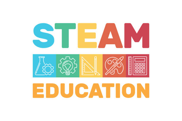 ilustraciones, imágenes clip art, dibujos animados e iconos de stock de banner o ilustración de color vectorial de steam education - investigación en ciencia tecnología ingeniería y matemáticas