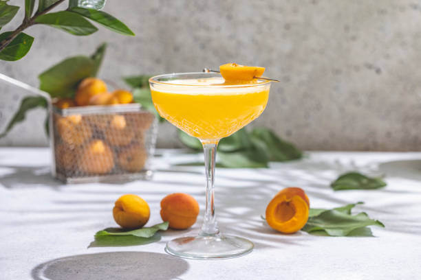 Elegant glass of Apricot Lady Cocktail or mocktails surrounded by ingredients and fresh fruits on gray table surface stock photo