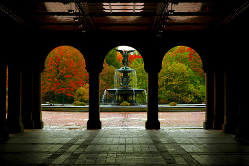 Bethesda fountain in the Central Park of New York City, with autumn colored trees