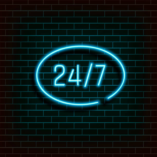 istock Frame banner in the shape of an ellipse. Open 24 7. Hours Neon Light on Brick Wall.Vector Illustration. 1432679391
