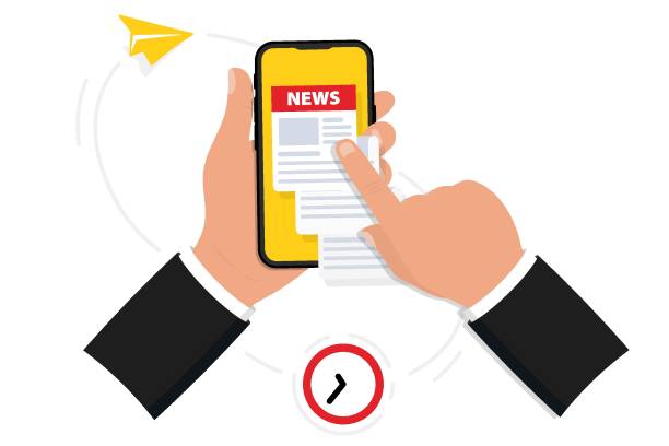 ilustrações de stock, clip art, desenhos animados e ícones de newspaper with news in smartphone. hand holding phone and scrolling news feed. daily or weekly breaking news. news webpage, information about events, activities. worldwide media in your device - newspaper the media article backgrounds