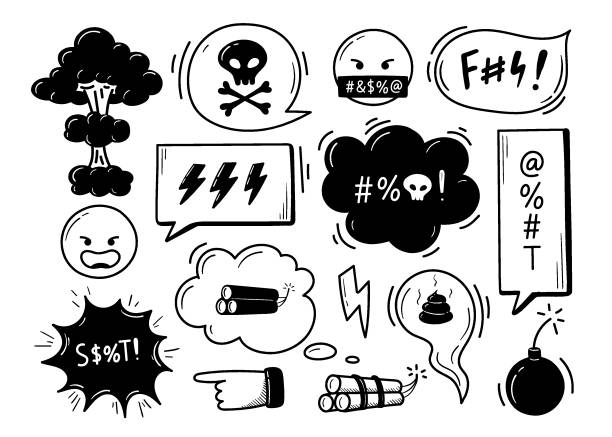 satz sprechblasen von flüchen handgezeichnet im doodle-stil - swear word stock-grafiken, -clipart, -cartoons und -symbole