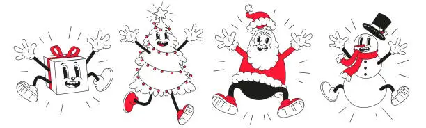 Vector illustration of Christmas cartoon characters. Funny snowman, Santa Claus in trendy retro cartoon style.