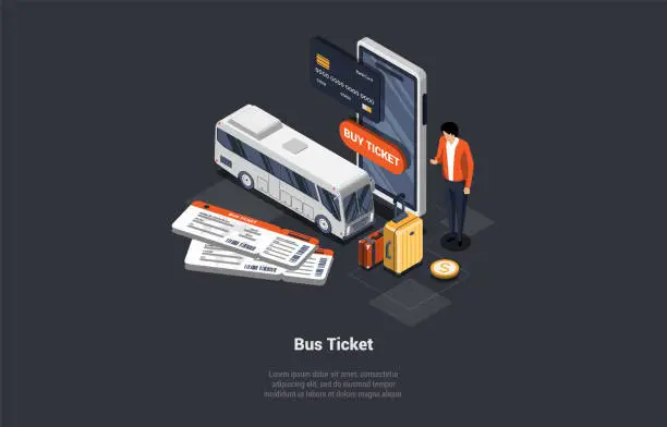 Vector illustration of Online Bus Tickets Buy App And Public Transport Concept. Man Male Character Buying Tickets Online On City Bus On Bus Stop. City Transport Simplicity and Convenience. Isometric 3d Vector Illustration