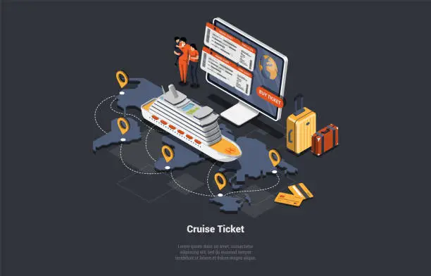 Vector illustration of Online Cruise Tickets Buy, Traveling by Liner Concept. Family Buying Tickets And Going On Trip On Lusury Cruise Liner. Characters At Railway With Train and Platform. Isometric 3d Vector Illustration