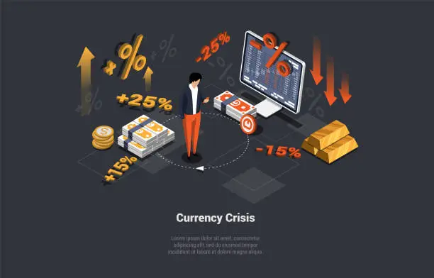 Vector illustration of Financial Crisis, Inflation, Currency Devaluation. Interest Rate Impact for Stock Investment. Money Value Recession, Price Increase Process. Unstable Nominal Worth. Isometric 3D Vector Illustration