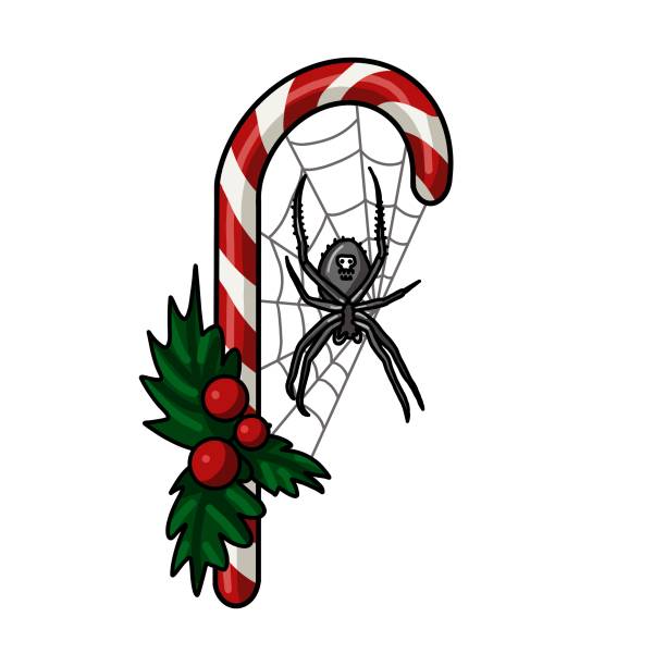 ilustrações de stock, clip art, desenhos animados e ícones de creepmas. it's a terrible christmas. gothic. a cross spider sits on the christmas lollipop. - cross spider