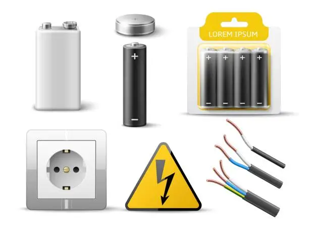 Vector illustration of Realistic electricity elements. 3d power objects, different types alkaline batteries in transparent blister package, color cables, electric socket, yellow high voltage sign utter vector set