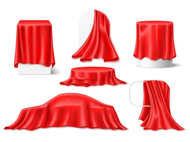 istock Red silk cloth covered objects. Realistic textile draperies, fabrics with folds on pedestals and frames, hidden surprise, presentation stages collection, 3d isolated objects utter vector set 1432682867