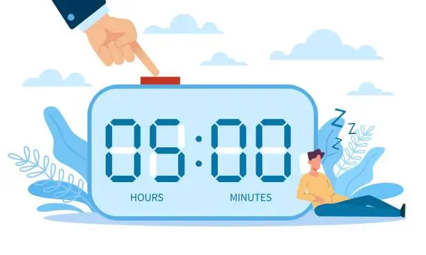 Vector illustration of Routine of lazy employee, morning anxiety and cancellation of business work. Sleeping tiny man and huge watches, turn off alarm. Procrastination and laziness. Snooze vector cartoon concept