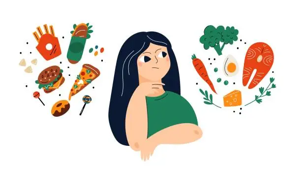 Vector illustration of Healthy or unhealthy food. Girl makes choice. Fastfood vs natural products. Organic or junk snacks. Woman thinks. Diet comparison. Doubt and nutrition decision. Garish vector concept