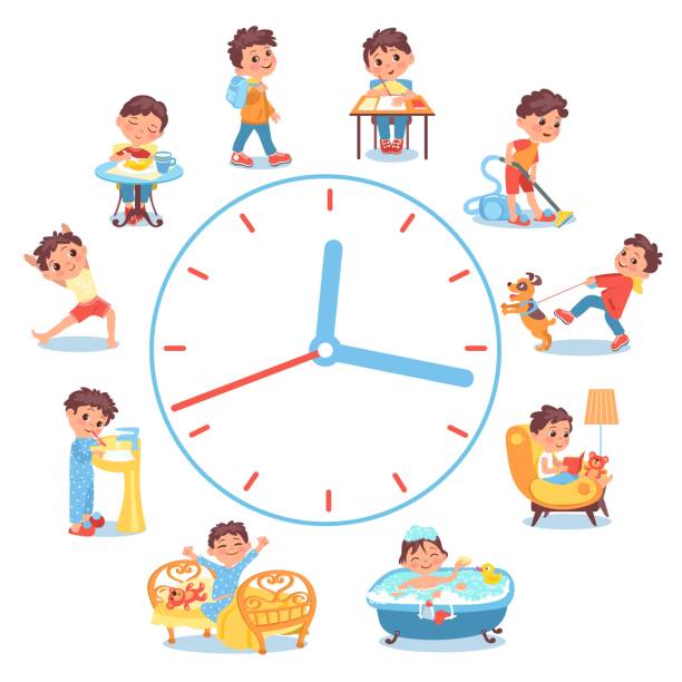 dog homework picture Boy daily routine. Children everyday activities and habits. Dial clock. Kids scheduling. Hygiene or studying. Teen eating and sleeping. Time to training or reading. Splendid vector concept Boy daily routine. Children everyday activities and habits. Dial clock. Kids scheduling. Hygiene or studying. Teen eating lunch and sleeping. Time to sport training or reading. Splendid vector concept dog ate my homework stock illustrations
