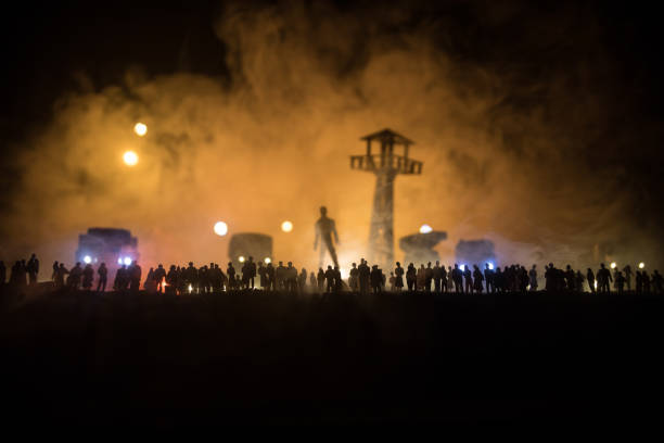 istock Creative artwork decoration war on Ukraine. Crowd looking on giant explosion and attacking soldiers. 1432684715
