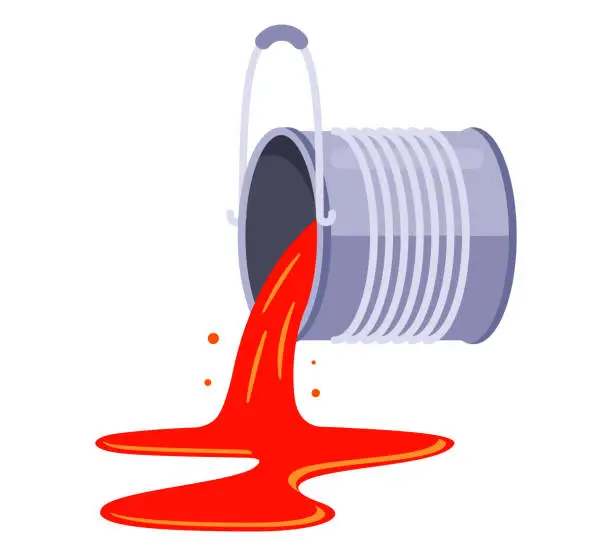 Vector illustration of tin can with red paint. pour the paint from the can. flat vector illustration.