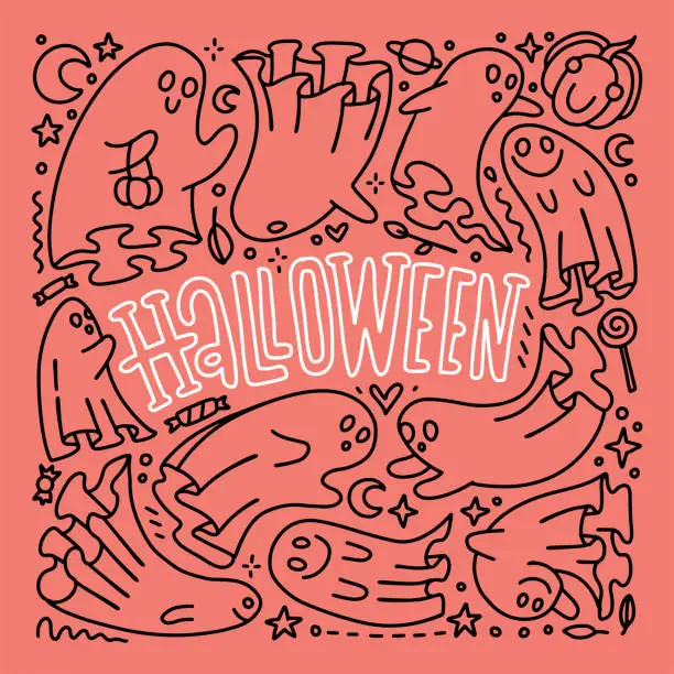 Vector illustration of Set Of Halloween Ghost and steet spooks characters in doodle style. Composition of spirit Doodles with lettering word. Hand drawn linear vector illustration.