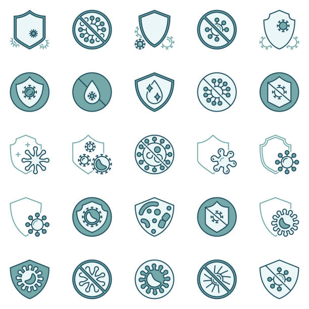 ikony obrony antybakteryjnej. znaki wektorowe wirusa i tarczy - immune defence obrazy stock illustrations