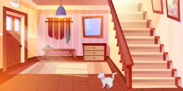 Vector illustration of Cartoon house hallway entrance interior with wooden stairs and furniture