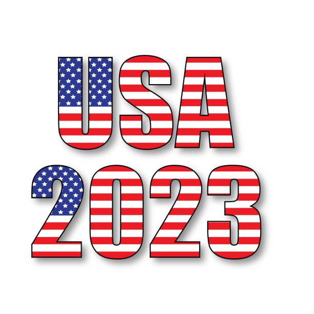 istock USA 2023 inscription with shadow isolated on white background. American flag. eps 10 1432688194