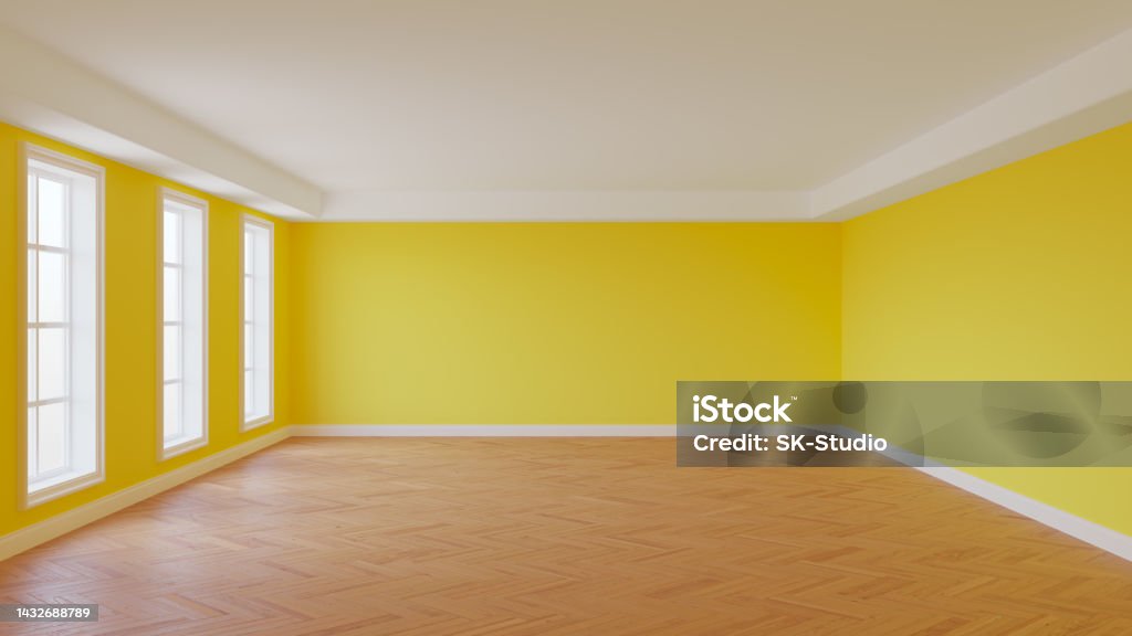 Empty Interior Room With Yellow Walls White Ceiling And Cornice Three