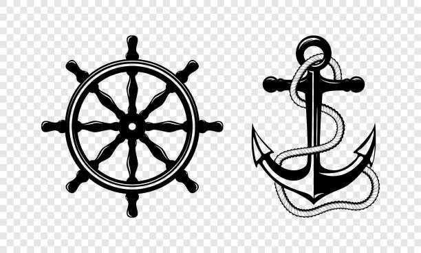 ilustrações de stock, clip art, desenhos animados e ícones de vector hand drawn anchor and ships helm icon set isolated. design template for tattoos, tshirt, logo, labels. anchor with rope and steering wheel. antique vintage marine symbols - anchor and rope