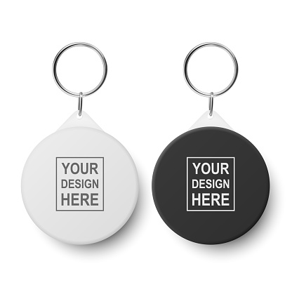 Vector 3d Realistic Blank White Round Keychain with Ring and Chain for Key Isolated on White. Button Badge with Ring. Plastic, Metal ID Badge with Chains Key Holder, Design Template, Mockup.