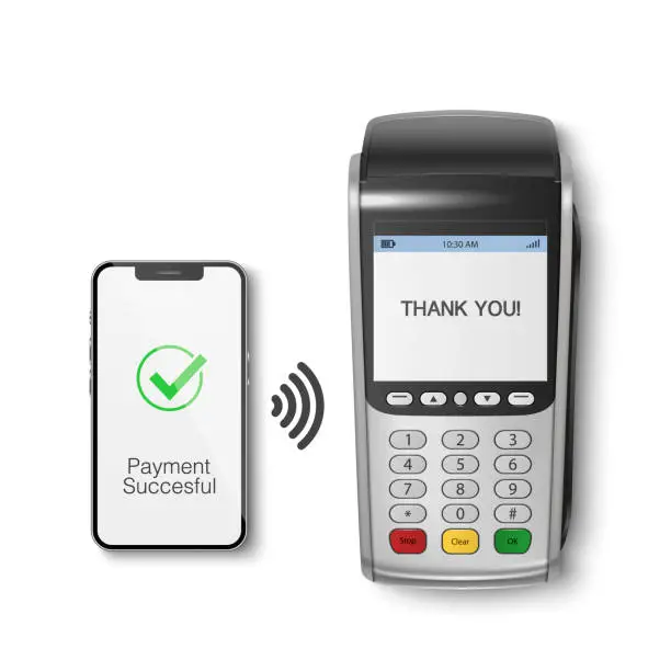Vector illustration of Vector 3d NFC Payment Machine and Smartphone. Payment Succesful. Approved Transaction. POS Terminal, Machine, Phone Isolated. Design Template of Bank Payment Wireless Contactless Terminal, Mockup