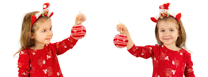 A cute little girl is holding a Christmas red ball in her hands. Set of children in Christmas clothes isolated on a white background. A lovely preschool girl photographed from different angles.