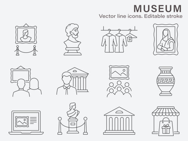 ilustrações, clipart, desenhos animados e ícones de conjunto de ícones do museu. coleção de estátuas, história, antiguidades, galeria e muito mais. ilustração vetorial. golpe editável. - sculpture