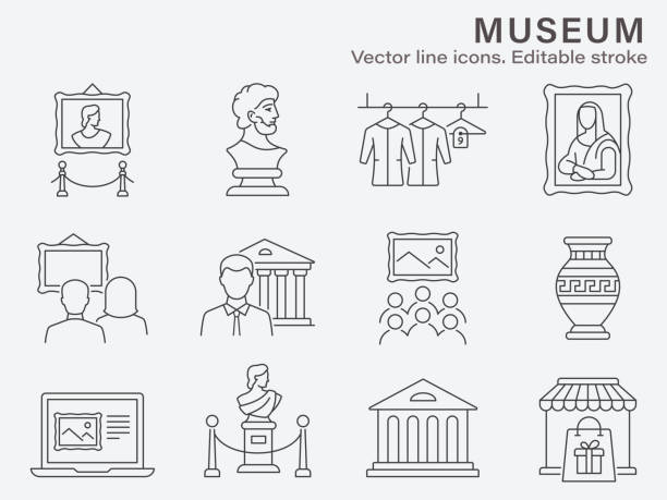 Museum icon set. Collection of statue, history, antique, gallery and more. Vector illustration. Editable stroke. Museum icon set. Collection of statue, history, antique, gallery and more. Vector illustration. Editable stroke. Museum stock illustrations