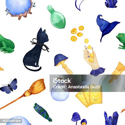 istock Watercolor seamless pattern with a magic symbols, witch hat, tarot cards, broom, black cat on white background. Illustration for fabric textile 1432689369