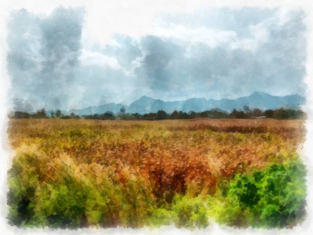istock grassland landscape watercolor style illustration impressionist painting. 1432689445