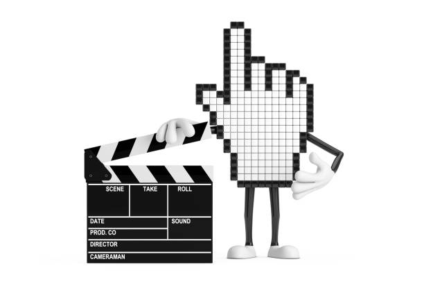 Pixel Hand Cursor Mascot Person Character with Movie Clapper Board on a white background. 3d Rendering