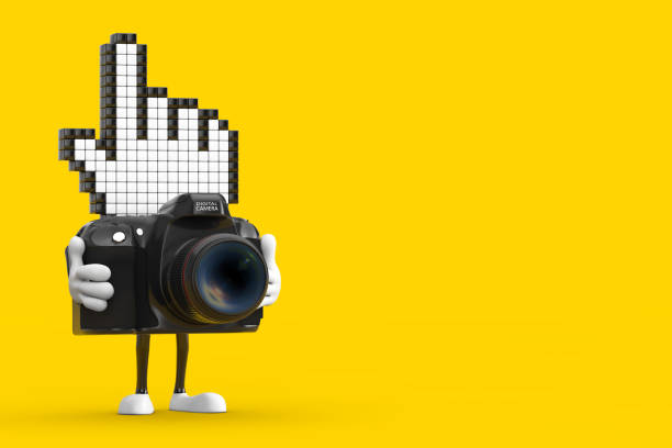 istock Pixel Hand Cursor Mascot Person Character with Modern Digital Photo Camera. 3d Rendering 1432690905