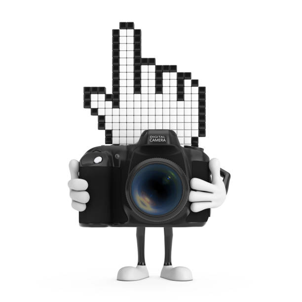 istock Pixel Hand Cursor Mascot Person Character with Modern Digital Photo Camera. 3d Rendering 1432690970