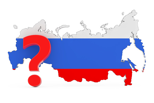 Red Question Mark in Front of Russian Map with Flag on a white background. 3d Rendering