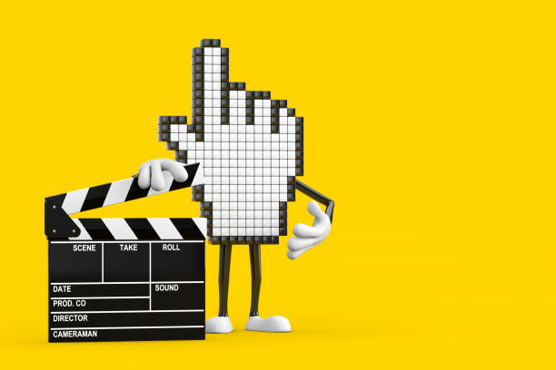istock Pixel Hand Cursor Mascot Person Character with Movie Clapper Board. 3d Rendering 1432691036