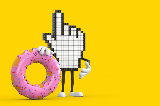 istock Pixel Hand Cursor Mascot Person Character with Big Strawberry Pink Glazed Donut. 3d Rendering 1432691076