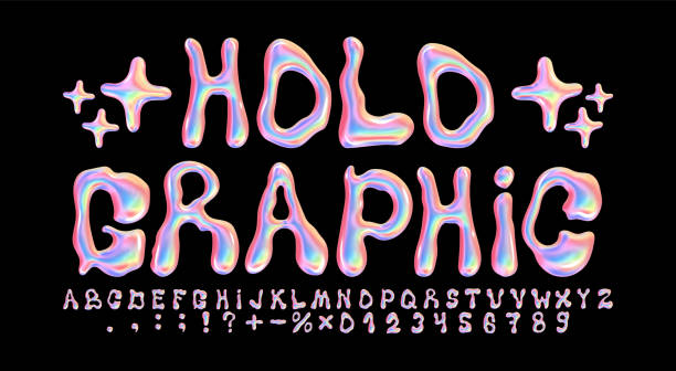 ilustrações de stock, clip art, desenhos animados e ícones de liqud holo font. iridescent alphabet, holographic numbers and melted letters 3d vector set - bubble foil