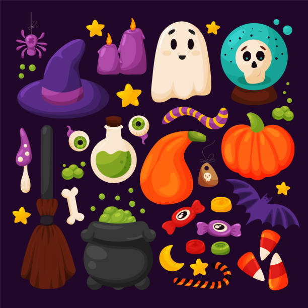 ilustrações de stock, clip art, desenhos animados e ícones de halloween elements set, cute hand drawn cartoon style. witch hat, cauldron, broom,  potion, bat, spider, candy, ghost, bone, skull, eye, tag, candle. vector illustration - witch halloween cauldron bat