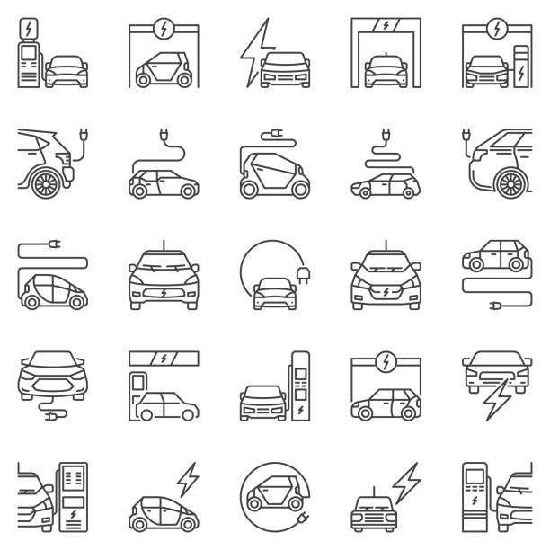 ilustraciones, imágenes clip art, dibujos animados e iconos de stock de conjunto de iconos de contorno de vehículos eléctricos. símbolos lineales vectoriales ev - car backgrounds battery service