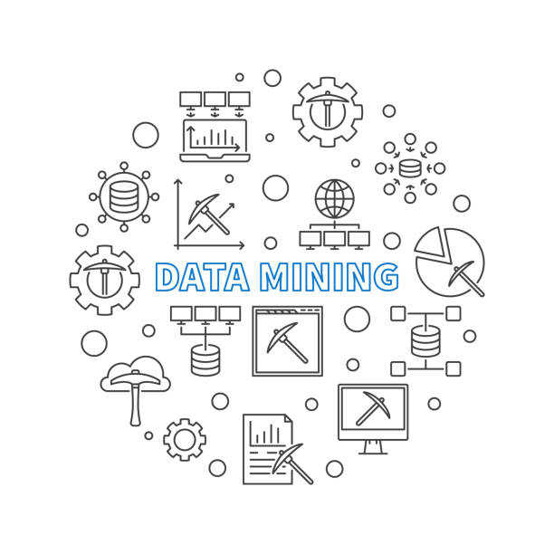 ilustraciones, imágenes clip art, dibujos animados e iconos de stock de vector de concepto de minería de datos ilustración de línea circular mínima - minería de datos