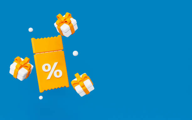 istock 3d flying box gift and coupon voucher on blue background. Yellow, white and blue colors. Promotion for your ads with present box and voucher. 3d rendering  illustration. 1432693746