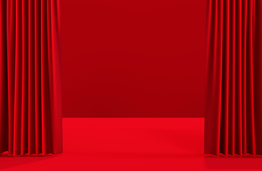 Raspberry curtains with satin gloss and red floor. Dark red drapes in the theatre, cinema or exhibition. 3d rendering illustration.