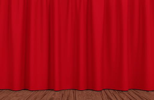 Red curtains with satin gloss and wood floor. Raspberry drapes in the theatre, cinema or exhibition. 3d rendering illustration