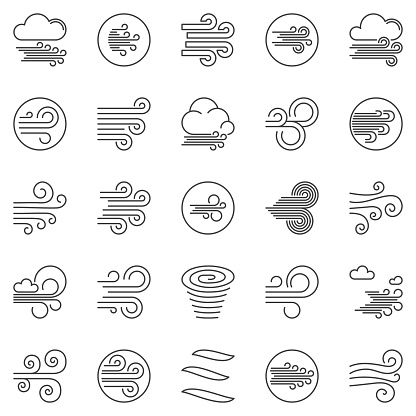 Wind outline vector icons set. Breeze concept weather symbols in thin line style