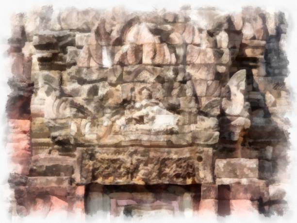 istock Ancient stone castle and ancient pattern art in Thailand watercolor style illustration impressionist painting. 1432694216