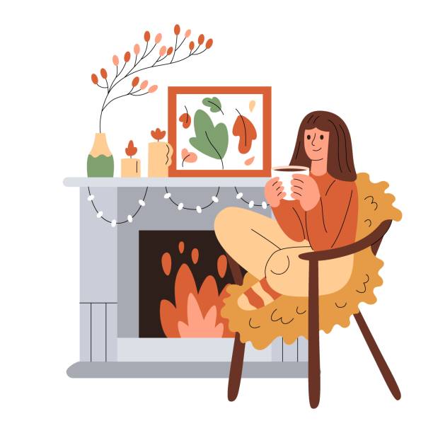 Smiling girl in warm clothes sits in armchair next to the fireplace, holds a cup of warm drink. vector art illustration