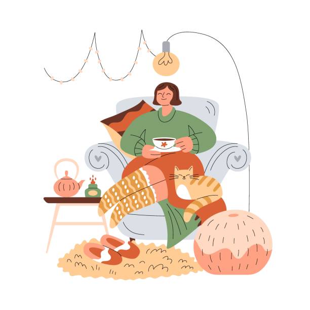 Smiling girl in warm clothes rests in armchair, holds a cup of warm drink with a Ñute ginger cat vector art illustration