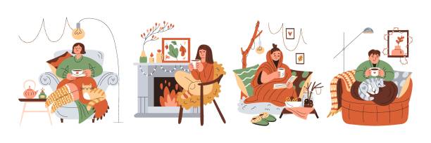 Set of smiling girls in warm clothes resting in armchairs, holding cups of warm drink vector art illustration